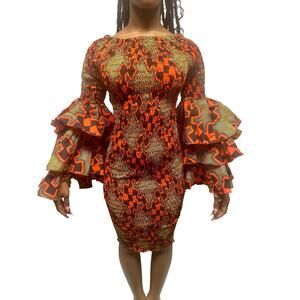 Black & Red African print bodycon midi dress with gorgeous ruffle 70s sleeves